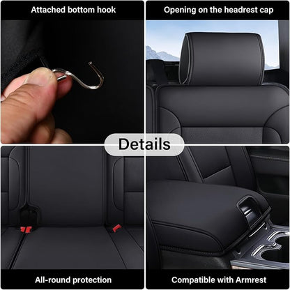 Coverado Chevy Silverado Seat Covers Full Set, Faux Leather Car Seat Covers Fit for 2014-2018 1500, 2015-2019 2500HD 3500HD Chevy Silverado GMC Sierra Crew Double Extended Cab (Black)