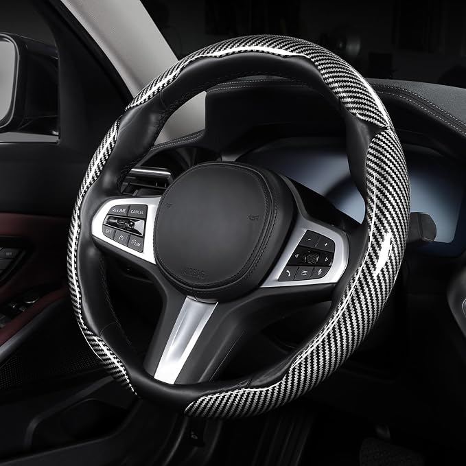 Carbon Fiber Steering Wheel Cover, Snap on Car Steering Wheel Cover Set Accessories 3pcs Wrap Grip Non Slip Protector Universal Glossy Silver