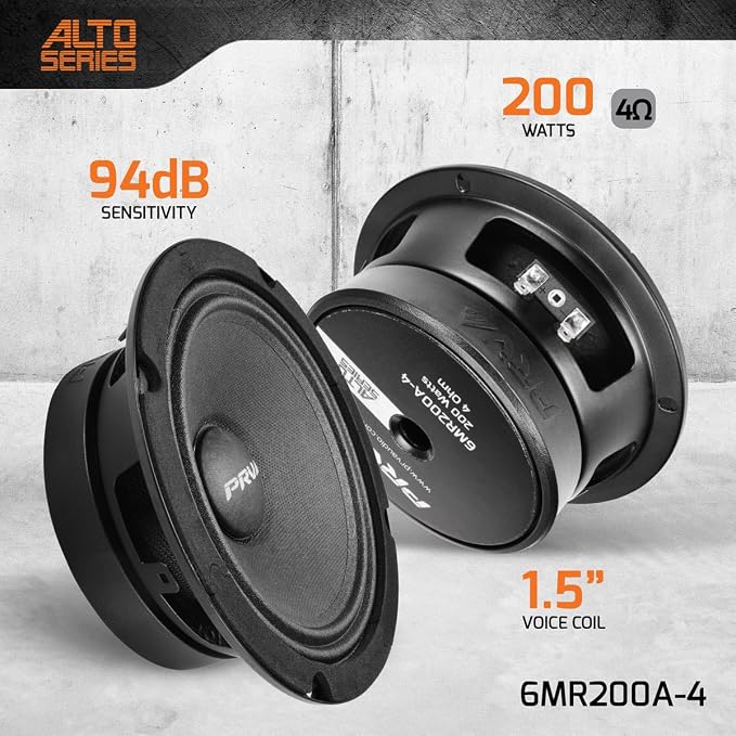 PRV AUDIO 6.5 Midrange Speakers Pair 6MR200A-4, 200 Watts, 4 Ohm Shallow Mount Car Audio Slim Speaker, 1.5 in Voice Coil, Compact for Doors (2 Speakers)