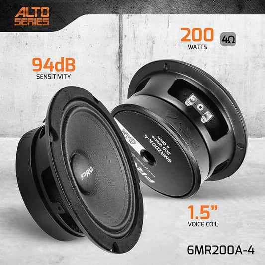PRV AUDIO 6.5 Midrange Speakers Pair 6MR200A-4, 200 Watts, 4 Ohm Shallow Mount Car Audio Slim Speaker, 1.5 in Voice Coil, Compact for Doors (2 Speakers)