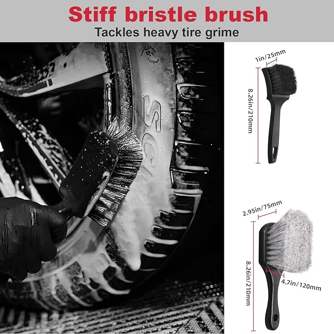 4PCS Professional Wheel Detailing Set - Metal-Free Flat Rim Brush, Dual-Hardness Tire Brushes & Lint-Free Towel | Scratch-Free Brake Dust Removal for All Vehicles