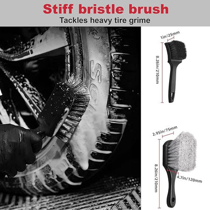 4PCS Professional Wheel Detailing Set - Metal-Free Flat Rim Brush, Dual-Hardness Tire Brushes & Lint-Free Towel | Scratch-Free Brake Dust Removal for All Vehicles