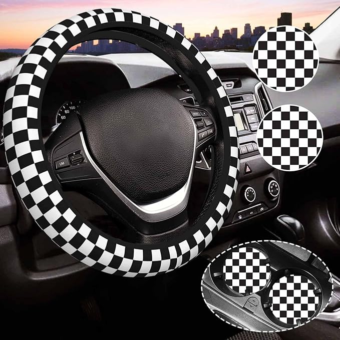 Black and White Checkered Steering Wheel Cover for Women, Universal Auto Steering Wheel 14-15 Inch Car Interior Accessories with 2PCS Car Coasters, Suitable for Men and Women