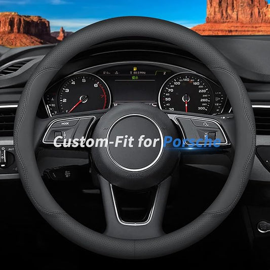 Deer Route Custom-Fit for Porsche Steering Wheel Cover, Premium Leather Car Steering Wheel Cover with Logo, Non-Slip, Breathable, for Porsche Accessories (B-Style,for Porsche)