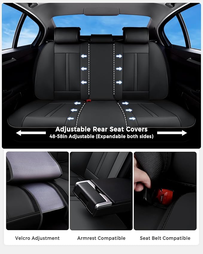 Huidasource Back Seat Cover, Luxury Nappa Leather Back Car Seat Cover, Back seat Covers with Velcro Adjustable, Cooling Holes, Seat Belts, Child Safety Seats etc, Fit for Most Cars SUV Trucks, Black