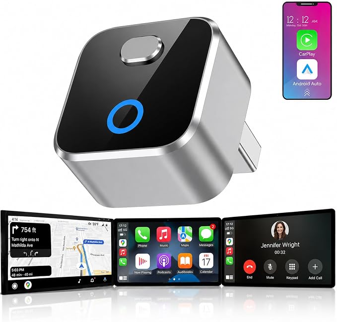 Wireless CarPlay Adapter for iPhone, 2-in-1 USB Carplay Wireless Adapter for CarPlay& Android Auto Wireless Adapter, One-Click Switch User, Supports Map,Music,Spotify,etc Functional(Silver)