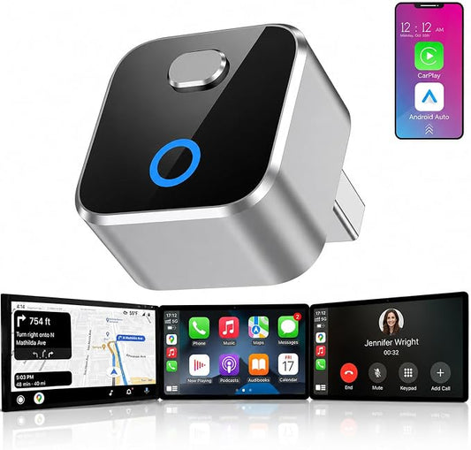 Wireless CarPlay Adapter for iPhone, 2-in-1 USB Carplay Wireless Adapter for CarPlay& Android Auto Wireless Adapter, One-Click Switch User, Supports Map,Music,Spotify,etc Functional(Silver)