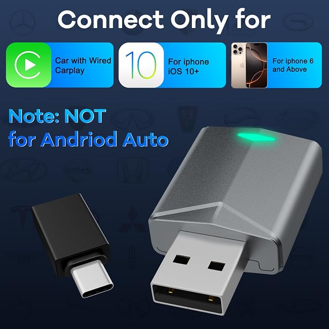 Wireless CarPlay Adapter, Mini Size Apple Carplay Wireless Adapter Plug and Play for Cars with Built-in CarPlay and iOS 10+