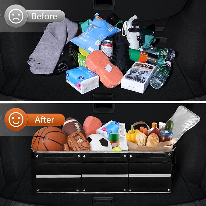 AOPHY Car Trunk Organizer with Insulated Cooler Bag, Foldable & Waterproof Storage Organizer with Lid for SUV, Truck, Sedan - 4 Large Adjustable Compartments, Heavy Duty & Collapsible Design