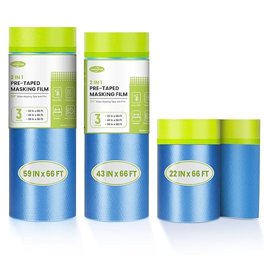 SARDVISA Pre-Taped Masking Film for Painting, 59/43/ 22 in * 66 FT, 3-Rolls Painters Plastic Sheeting with Widened Paint Tape and Drape for Covering Walls, Windows, Cars & Furniture Protection