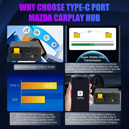 Type-C Mazda Apple CarPlay & Android Auto HUB OEM USB Retrofit Kit for Mazda 2/3/6/CX3 CX5/CX8/CX9/MX5/Miata 2014-2019 with MZD Connect System, TK78669U0C-NEW Upgraded P2.1 Supports PD Fast Charging