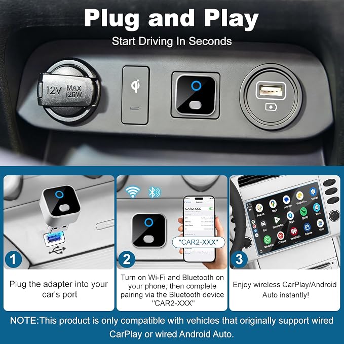 Wireless CarPlay & Android Auto Adapter, One-Click Switch Mini Size WiFi 6 & Bluetooth 5.4 Adapter, Fast Auto-Reconnect, Compatible with iOS 10+/Android 11+, for Factory Wired CarPlay Cars