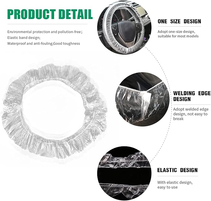 ICWEIMEI 500PCS Universal Disposable Steering Wheel Cover Plastic Transparent Car Steering Wheel Covers with Elastic Trims for Steering Wheels