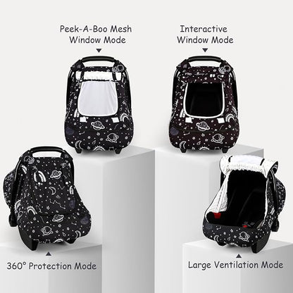 Winter Car Seat Cover Baby with Sunshade & Dual Zipper Windows - Minky Bubble Lined Windproof Soft Shell, Warm Newborn Car Seat Canopy Covers, Elastic Bottom for Stroller & Infant Car Seat, Space