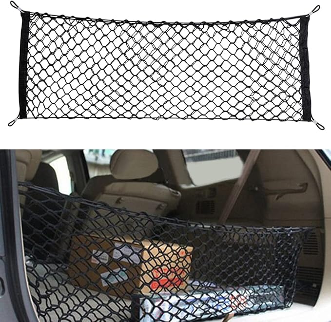 Car Rear Cargo Net, Universal Adjustable Elastic Trunk Cargo Storage Organizer Net Compatible for SUV, Jeep, Truck, Storage Nylon Mesh Double-Layer with Hooks (35.4 x 15.7 Inch)