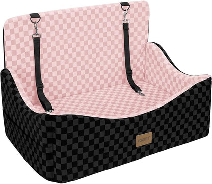 JOEJOY Dog Car Seat for Medium/Large Dogs - Reversible Dual-Sided Travel Dog Car Bed with Memory Foam, Washable Pet Booster Seat for Dogs up to 55 lbs or 2 Small Dogs, 2 Safety Leashes, Pink