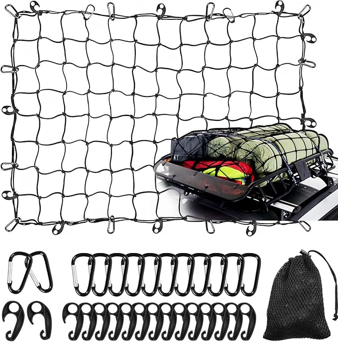 3' x 4' Cargo Net Stretches to 6' x 8', Heavy Duty Cargo Netting for Pickup Truck Bed, Roof Rack Net with Hooks Carabiners