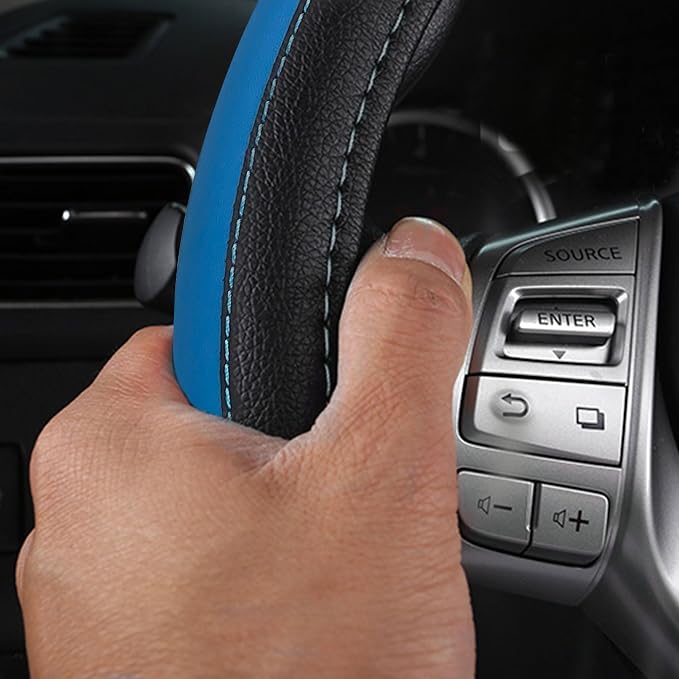 Leather Car Steering Wheel Cover, Non-Slip Car Wheel Cover Protector Breathable Microfiber Leather Universal Fit for Most Cars (Blue-2)
