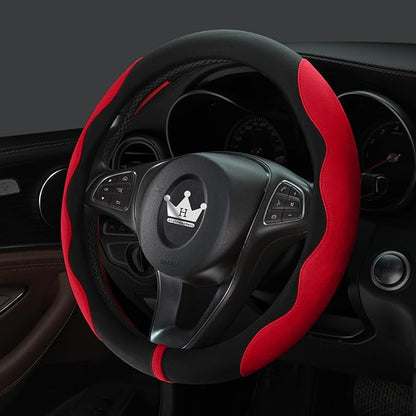 HighnessHwoo Luxury Suede Steering Wheel Cover for Cars, Soft Leather Padded Wheels Cover for F150, Trucks, Jeep, Van, Auto Thin Large Car Handle Cover, Universal Fit, Anti Slip, 15.2-16in, Red