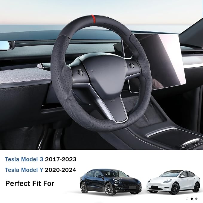 Steering Wheel Cover for 2017-2023 Tesla Model 3 2020-2024 Tesla Model Y, Leather Steering Wheel Cover for Tesla Model 3/Y Accessories, Black