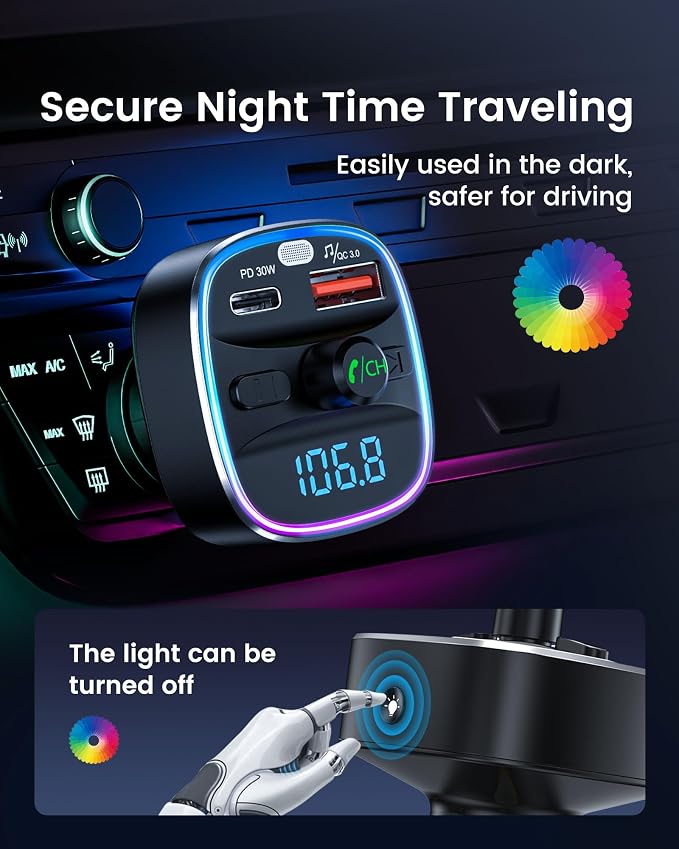 LENCENT Bluetooth 5.4 FM Transmitter Car Adapter 48W [PD 30W & 18W] [7 Color Light] [Fast Charging] Wireless Radio Music Adapter Hands-Free Calling, Support USB Drive & TF Card