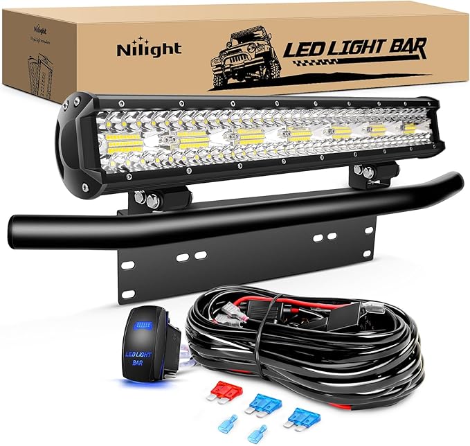 Nilight 20 Inch 420W Triple Row Flood Spot Combo 42000LM Light Bar Driving Boat Led Off Road Lights with Front License Plate Frame Bracket and Switch Wiring Harness Kit
