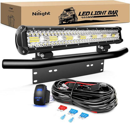 Nilight 20 Inch 420W Triple Row Flood Spot Combo 42000LM Light Bar Driving Boat Led Off Road Lights with Front License Plate Frame Bracket and Switch Wiring Harness Kit