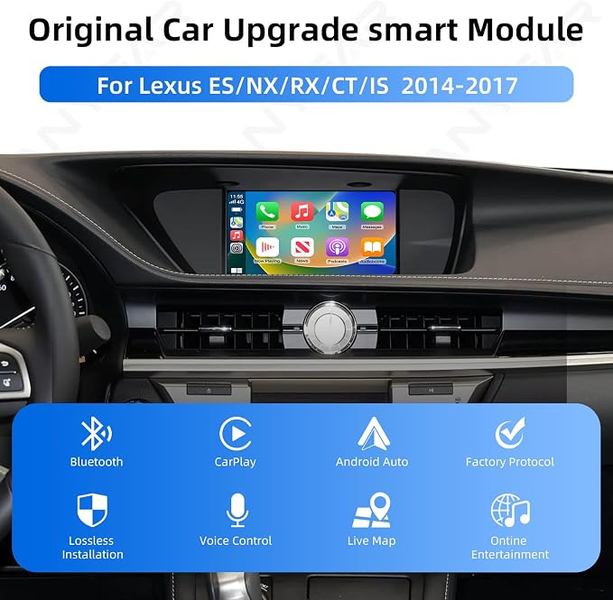Decoder Adapter Retrofit Kit Compatible with Lexus 2014-2017 ES200/NX2O0/NX300/ES250/ES300/RX200t/CT200h/IS250, Supports Wireless CarPlay Android Auto/ Voice Control/ Mirror Link/ Camera/USB Drive