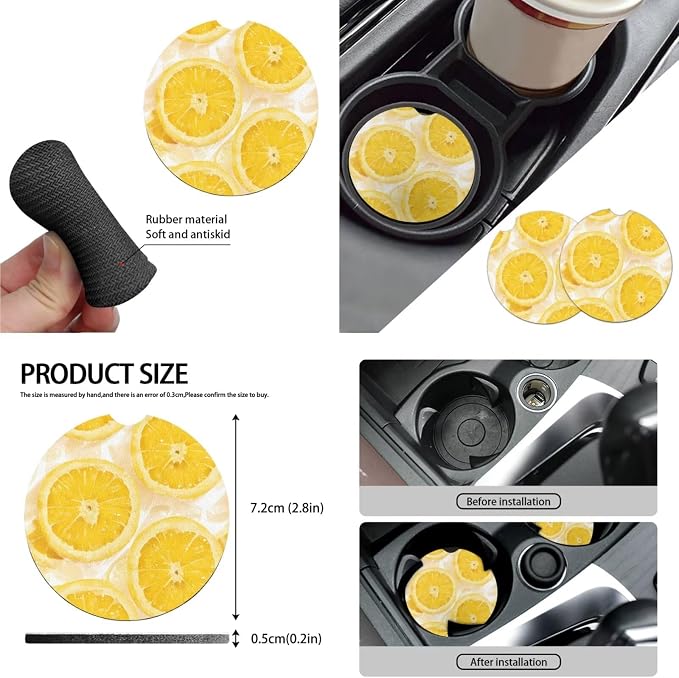 Cute Lemon 10 Piece Car Accessories Set, Yellow Lemon Slice Universal Steering Wheel Cover Orange Fruit Front Seat and Rear Bench for Truck SUV Sedan, Car Decor