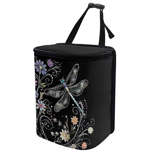 Talayituse Dragonfly Flower Print Car Trash Can with Lid, Leak Proof Auto Trash Bag Hanging Vehicle Garbage Can Multipurpose Storage Container for Back Seat Road Trip