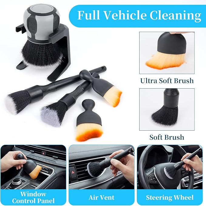 Supkiir 5 Pcs Car Detailing Brushes, Ultra Soft Bristles Dusting Brush with Storage Rack, Curveball XL Synthetic Brush Automotive Interior Dusting Brushes, Covers Large Area Inside or Outside Vehicles