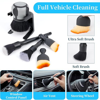 Supkiir 5 Pcs Car Detailing Brushes, Ultra Soft Bristles Dusting Brush with Storage Rack, Curveball XL Synthetic Brush Automotive Interior Dusting Brushes, Covers Large Area Inside or Outside Vehicles
