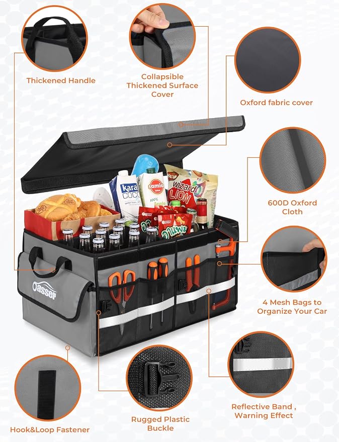 Oasser Car Trunk Organizer Collapsible Multi Compartments SUV Trunk Organizer with Reflective Strip Foldable Cover