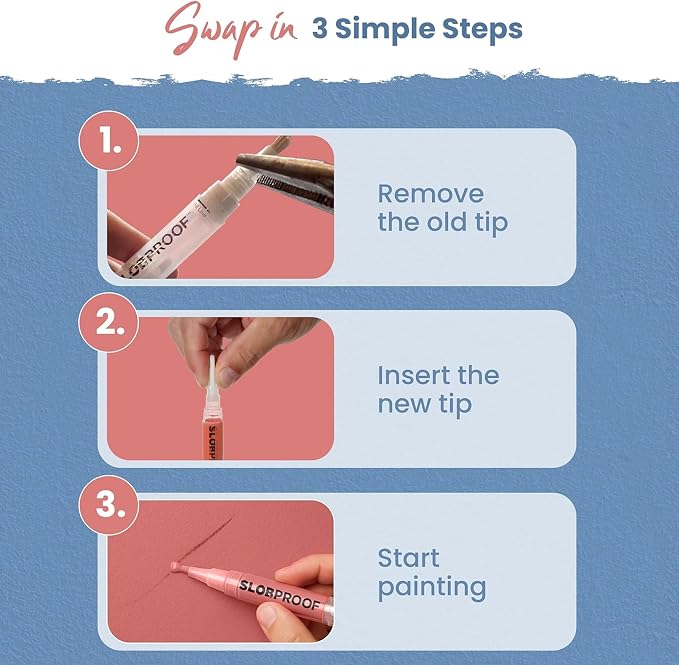 Slobproof Replacement Brush Tips for Refillable Touch-Up Paint Pens, Mess-Free, Easy to Install, Tools for Paint Brushes, DIY Home Improvement, Wall, Furniture Repair, Arts and Crafts, Pack of 5