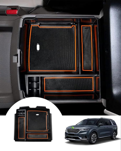 Autorder Center Console Organizer for 2022-2026 Kia Carnival KA4 MPV Accessories Armrest Storage Box Secondary Insert Tray with Orange/Black Silicone Pad