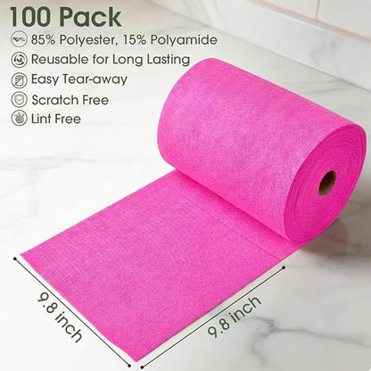 Microfiber Cleaning Cloth Roll - 100 Pack Tear Away Microfiber Paper Towels, Reusable, Washable, Scratch-Free, Kitchen Towels for Car, Home, Kitchen, Glass, Dishes (Hot Pink)