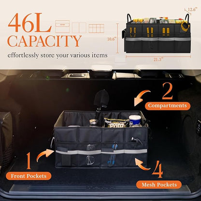 HOTOR Trunk Organizer - Car Organizer with 5 Pockets, Trunk organizer for SUV, Sedan & Van, Car Organization with Sturdy Base Panel for Car Accessories, Black, 2 Compartments, 21.3"×12.6"×10.6"