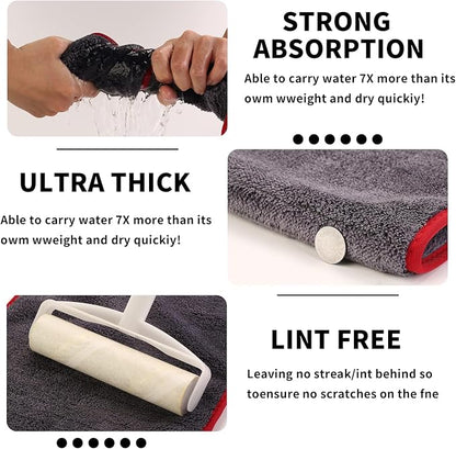 2-Pack 1200 GSM Car Drying Towels – Microfiber Towels for Cars (36" x 12"), Ultra-Absorbent, Streak-Free, Scratch-Free, No Water Spots, Double-Coral Fleece Microfiber & Gray & Red Hemmed Edges