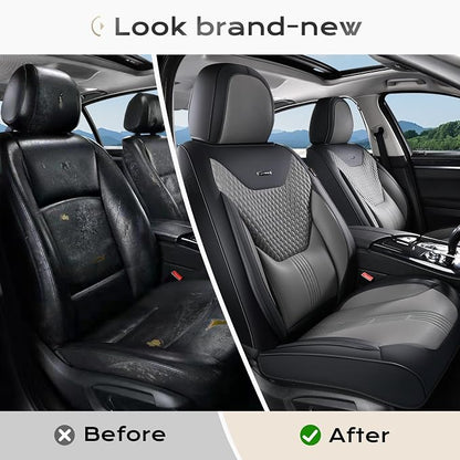 Coverado Car Seat Covers Full Set, Front Seat Covers with Lumbar Support and Back Seat Cover Waterproof Leather Automotive Seat Cover, Universal Car Interior Protectors Cushion for Most Cars