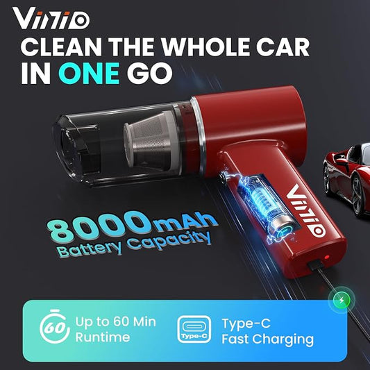 Vinid 8000mAh Cordless Car Vacuum Cleaner, 80W High Power Handheld Vacuum with Strong Suction, Portable Air Duster/Blower, Type-C Fast Charging for Car, Home, Office Desk, Pet Hair, Red