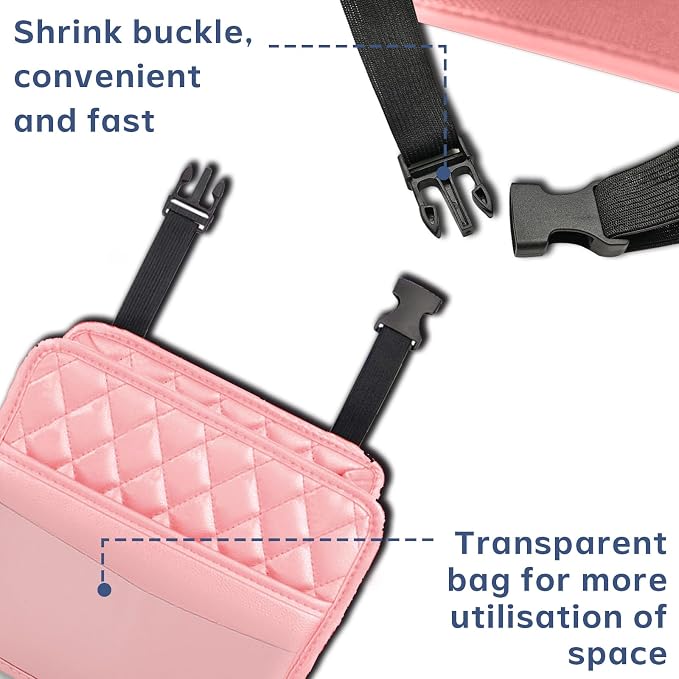 Car Seat Organizer Backseat with Storage Pockets, PU Leather Vehicle Backseat Hanging Storage Pocket, Multipurpose Automotive Travel Essentials Accessories, Universal for Most Cars (Pink)