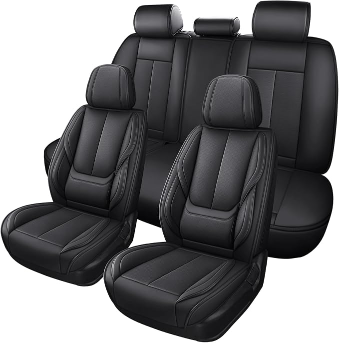 MINGBRON Black Car Seat Cover with Lumbar Support, Car Seat Protector Waterproof, Nappa Leather Car Seat Cushion, Car Seat Covers Front Seats and Back Fit for Most Cars
