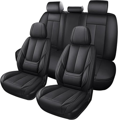 MINGBRON Black Car Seat Cover with Lumbar Support, Car Seat Protector Waterproof, Nappa Leather Car Seat Cushion, Car Seat Covers Front Seats and Back Fit for Most Cars