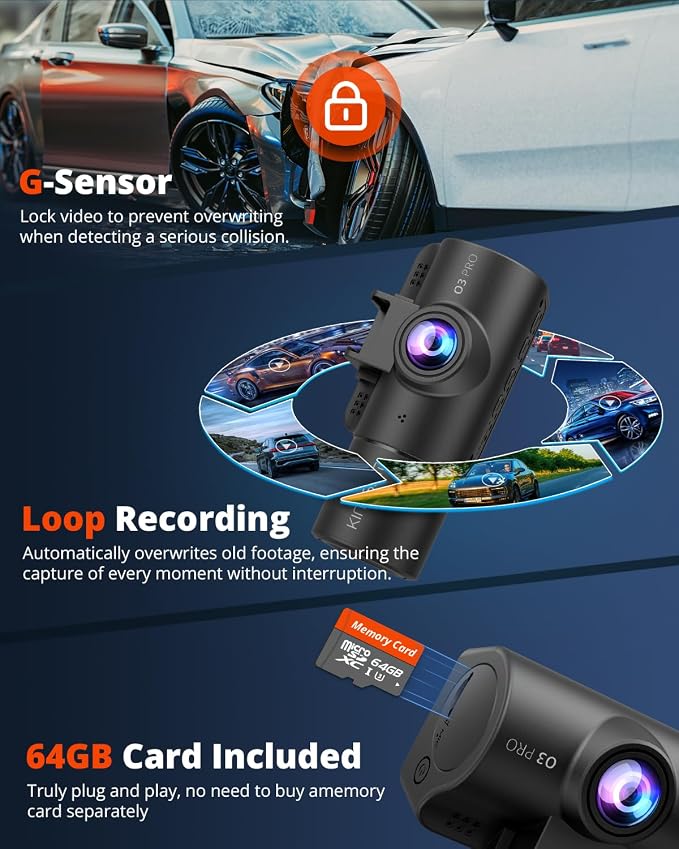 Kingslim 3 Channel 5G WiFi Dash Cam with 64GB Card, 2.5K/1080P Front and Rear Inside Dashcam, 2.5K/1080P/1080P Three Way Dash Camera for Cars Auto IR Night Vision, Loop Recording, APP Control(O3PRO)
