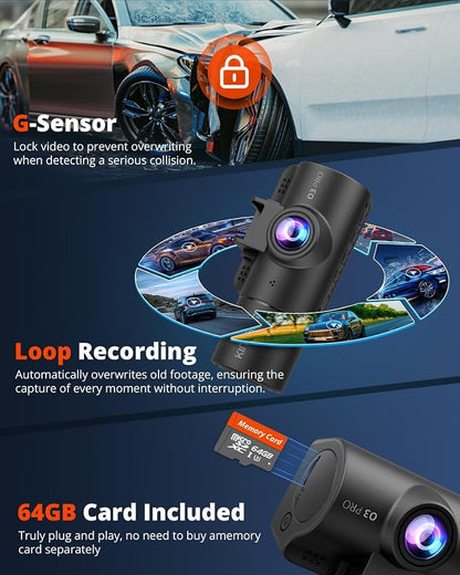 Kingslim 3 Channel 5G WiFi Dash Cam with 64GB Card, 2.5K/1080P Front and Rear Inside Dashcam, 2.5K/1080P/1080P Three Way Dash Camera for Cars Auto IR Night Vision, Loop Recording, APP Control(O3PRO)