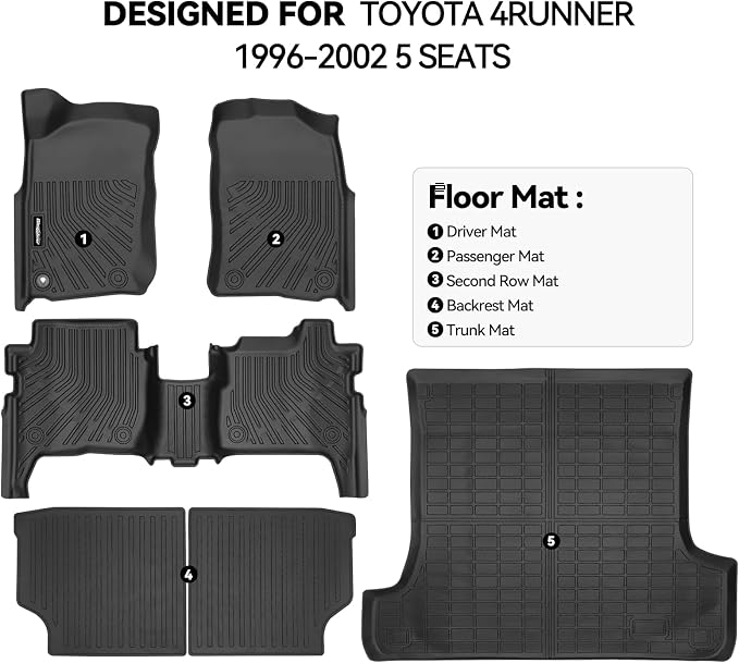 Floor Mats for Toyota 4Runner 1996-2002 5 Seats, Trunk Mat and Backrest Mat All Weather TPE Protector for Toyota 4Runner Accessories