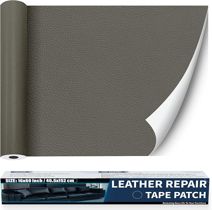 Zenyao Leather Repair Patch Tape - Self Adhesive Leather Repair Kit for Car Seat Furniture, Heavy Duty Vinyl Repair Patch for Couch Sofa, Waterproof Fix for Tears, 12x30 Inch Roll, Light Grey