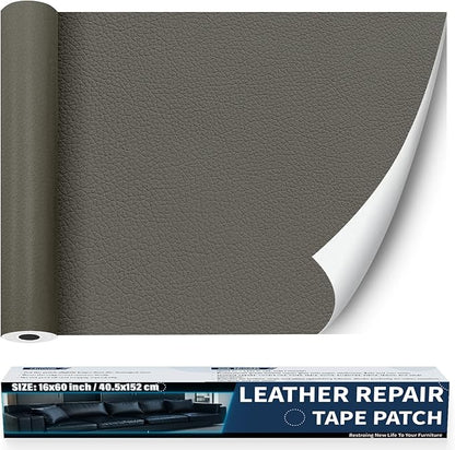 Zenyao Leather Repair Patch Tape - Self Adhesive Leather Repair Kit for Car Seat Furniture, Heavy Duty Vinyl Repair Patch for Couch Sofa, Waterproof Fix for Tears, 16x60 Inch Roll, Light Grey