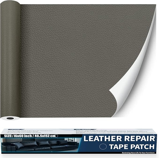 Zenyao Leather Repair Patch Tape - Self Adhesive Leather Repair Kit for Car Seat Furniture, Heavy Duty Vinyl Repair Patch for Couch Sofa, Waterproof Fix for Tears, 16x60 Inch Roll, Light Grey