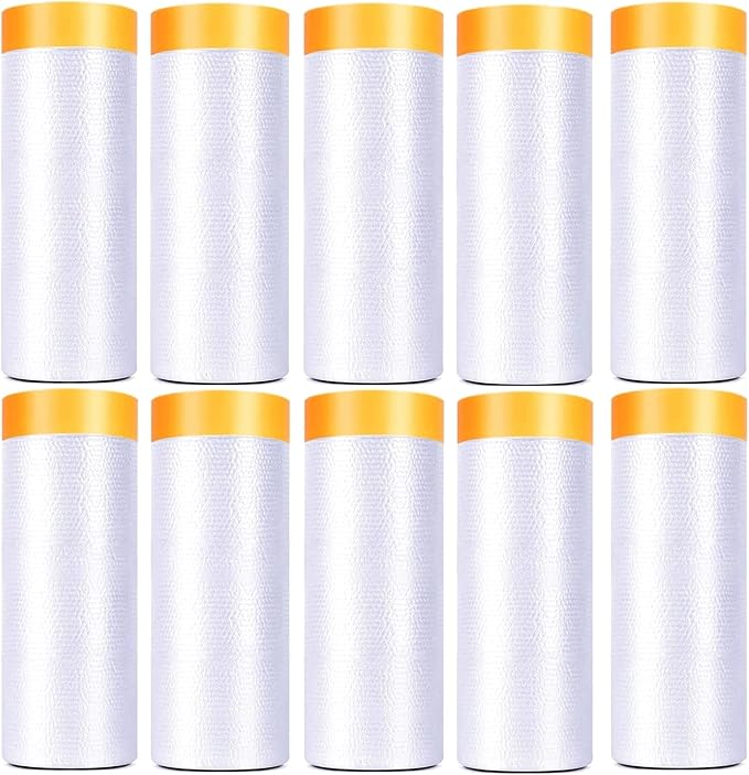 10 Pack Tape and Drape, 5x65.6 Ft Pre-Taped Masking Film for Auto Painting Covering, Plastic Pre-Adhesived Dust Paint Protective Drop Film for Furniture, Car, Floor